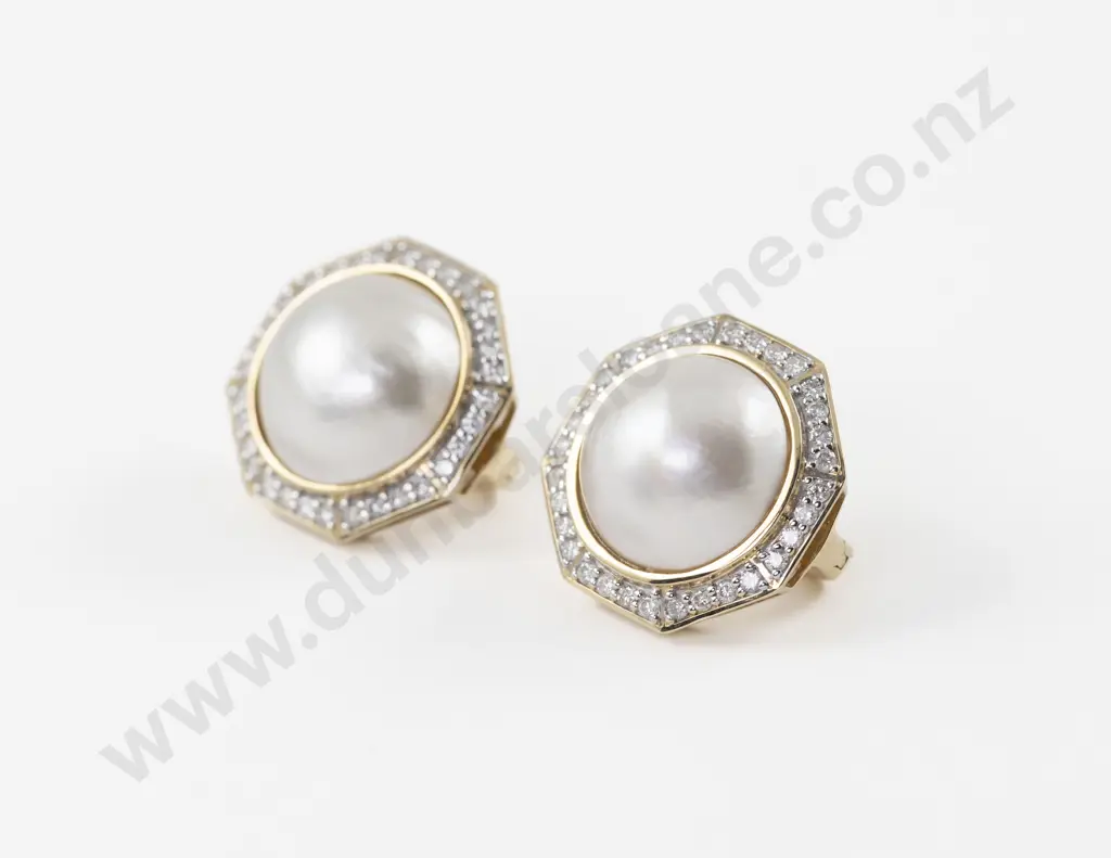 Pair 14ct Mabe Pearl and Diamond Dress Earrings Image 1++