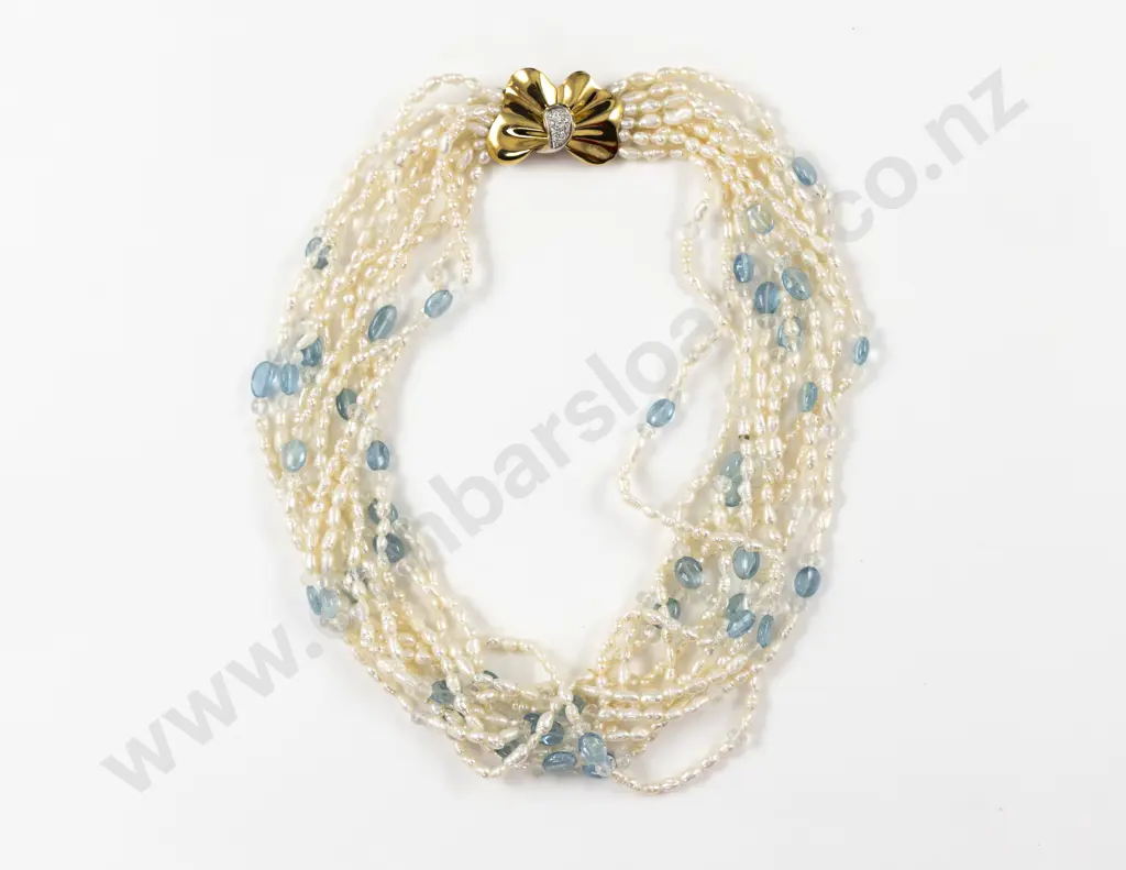 Multi Strand Fresh Water Pearl Aquamarine and Crystal Bead Necklace Image 1++