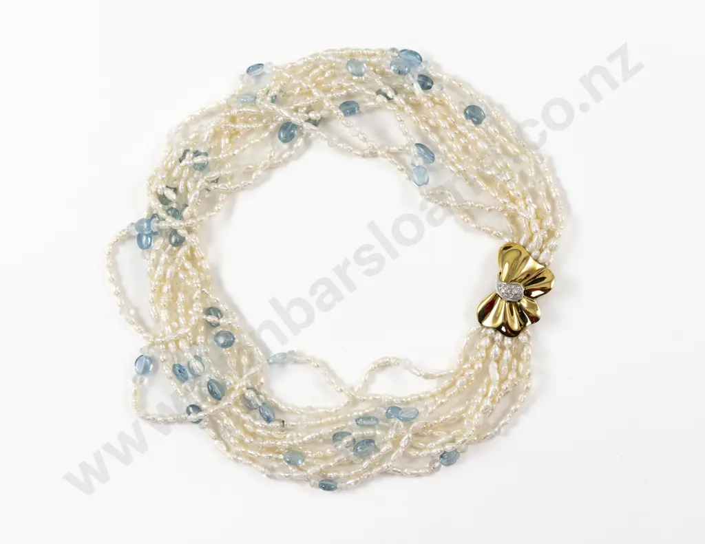 Multi Strand Fresh Water Pearl Aquamarine and Crystal Bead Necklace Image 1++