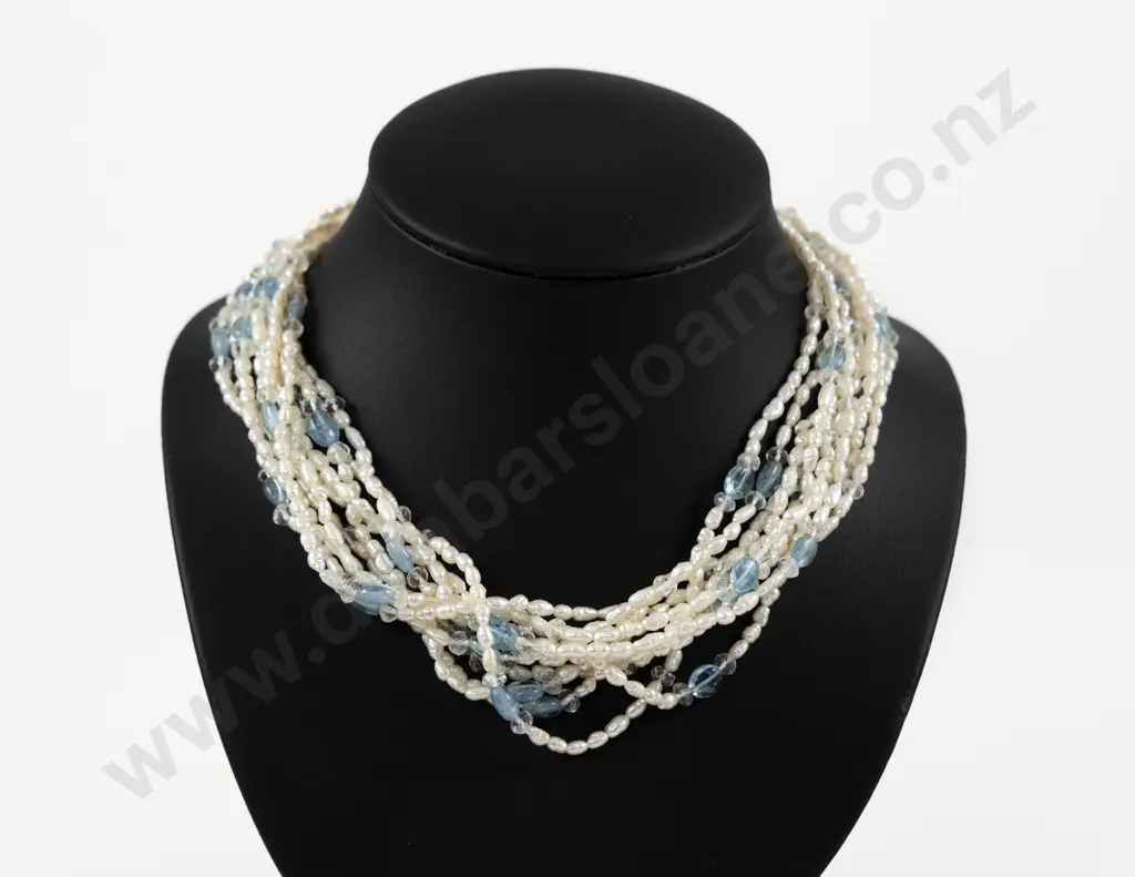 Multi Strand Fresh Water Pearl Aquamarine and Crystal Bead Necklace Image 1++