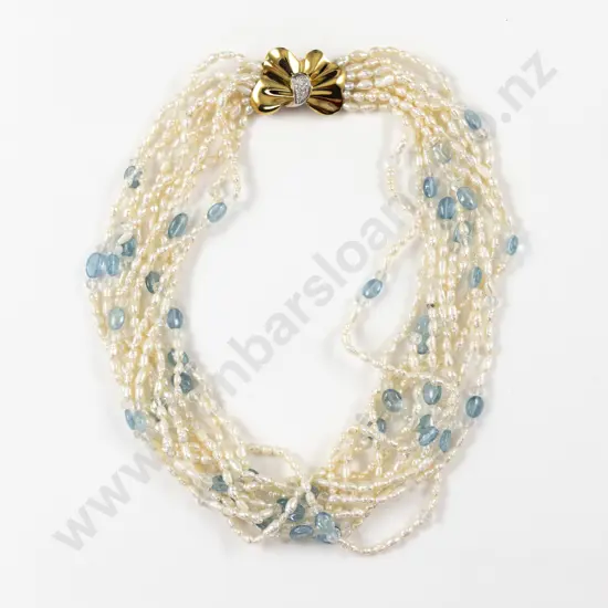 Multi Strand Fresh Water Pearl Aquamarine and Crystal Bead Necklace