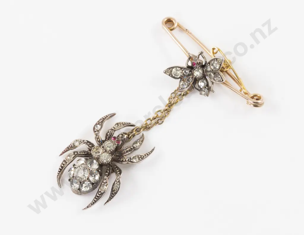 Edwardian 9ct and S/S Diamond Paste Spider After the Fly Bug Brooch Image 1++
