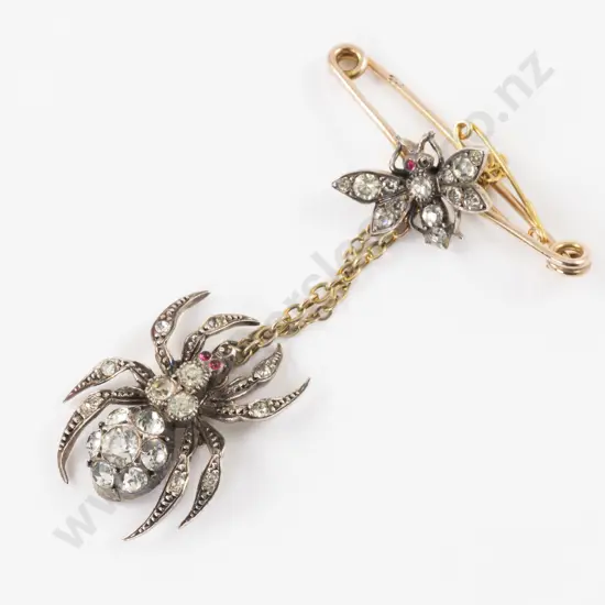 Edwardian 9ct and S/S Diamond Paste Spider After the Fly Bug Brooch