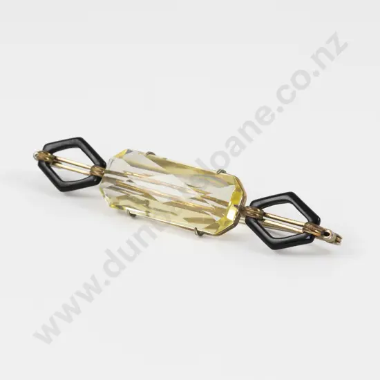 Art Deco Citrine Glass and Enamel Bar Brooch