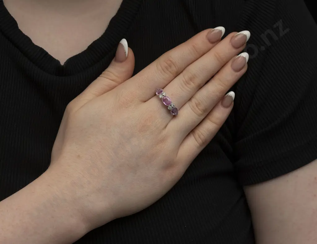 14ct White Gold Seven Stone Pink Sapphire and Diamond Dress Ring Image 1++