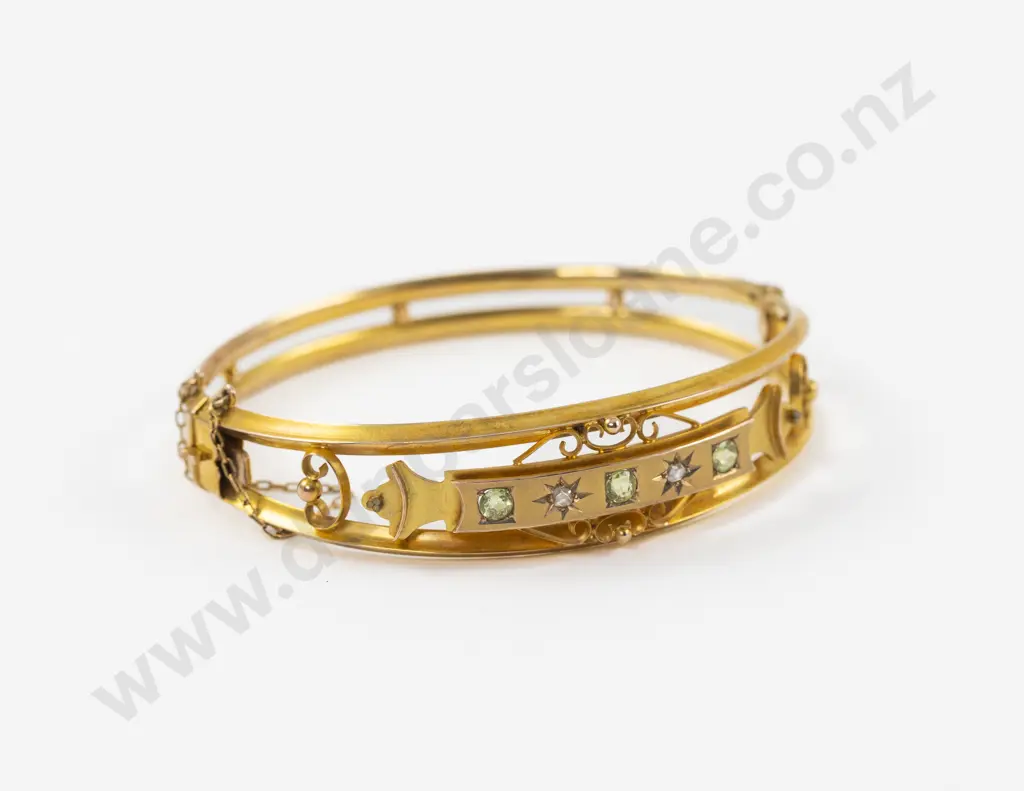 Victorian 9ct Diamond and Peridot Hinged Snap Bangle Image 1++