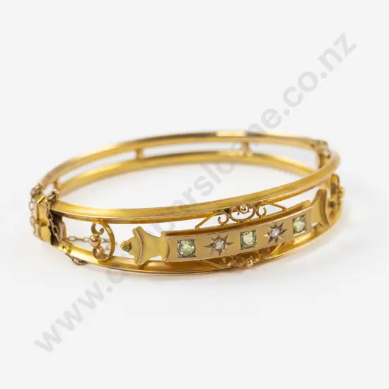 Victorian 9ct Diamond and Peridot Hinged Snap Bangle