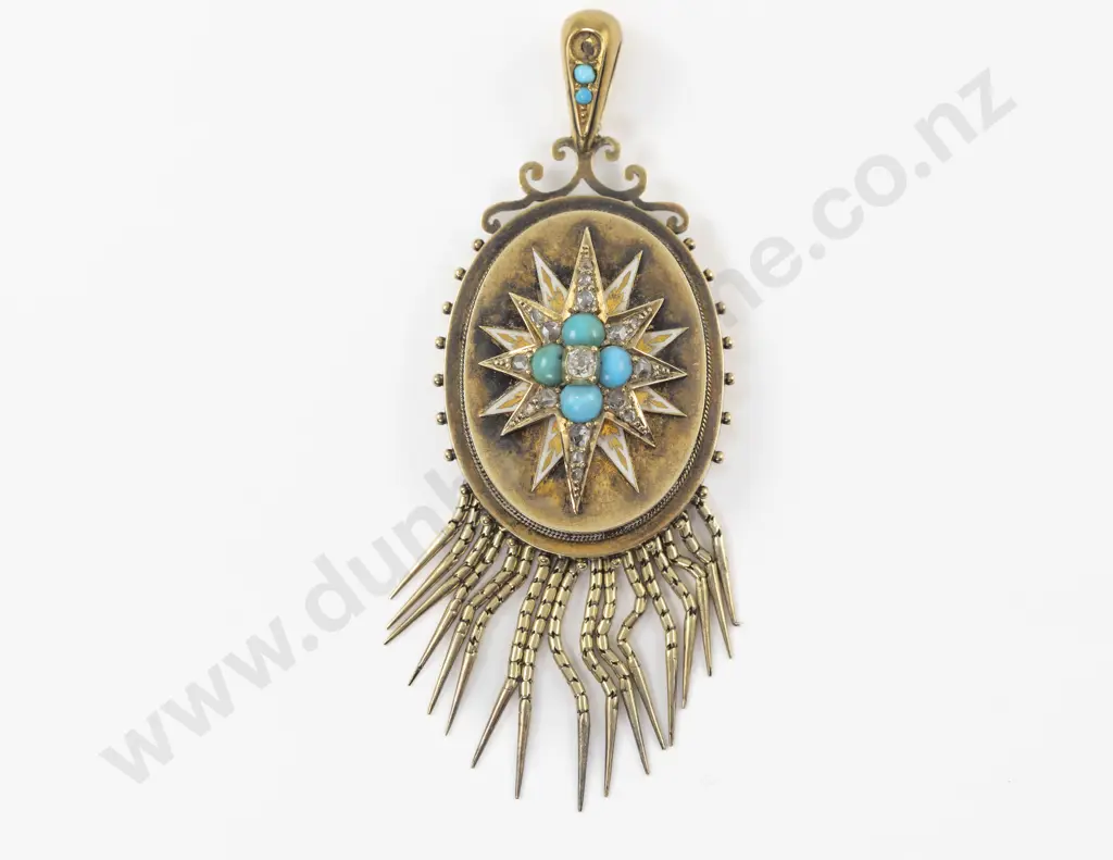 15ct Victorian 23Stone Diamond and Turquoise Pendant Image 1++