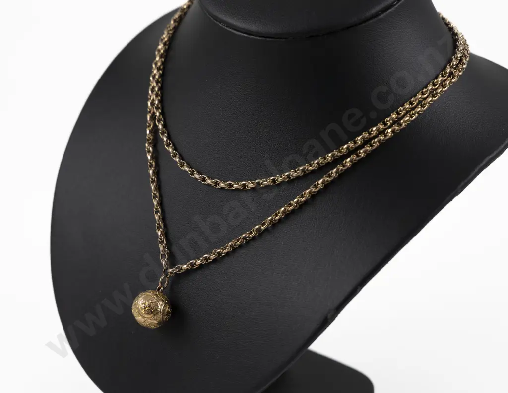 Victorian 9ct Fancy Trace Link Muff Chain with 15ct Engraved Ball Pendant Image 1++