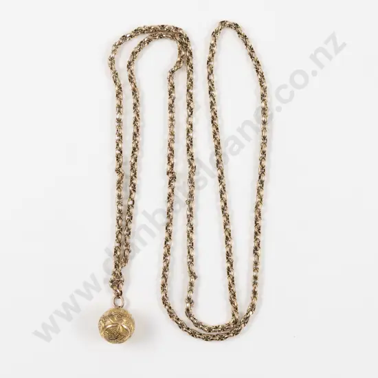 Victorian 9ct Fancy Trace Link Muff Chain with 15ct Engraved Ball Pendant