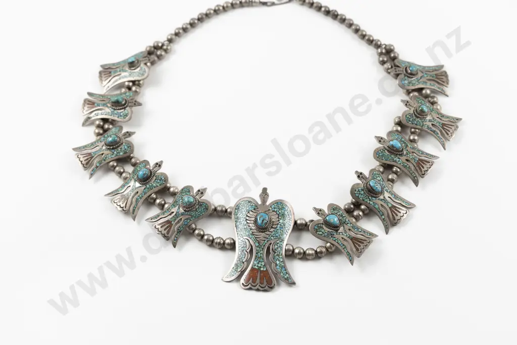 Mid C20th Navajo Sterling Silver Peyote Bird Squash Blossom Necklace Image 1++