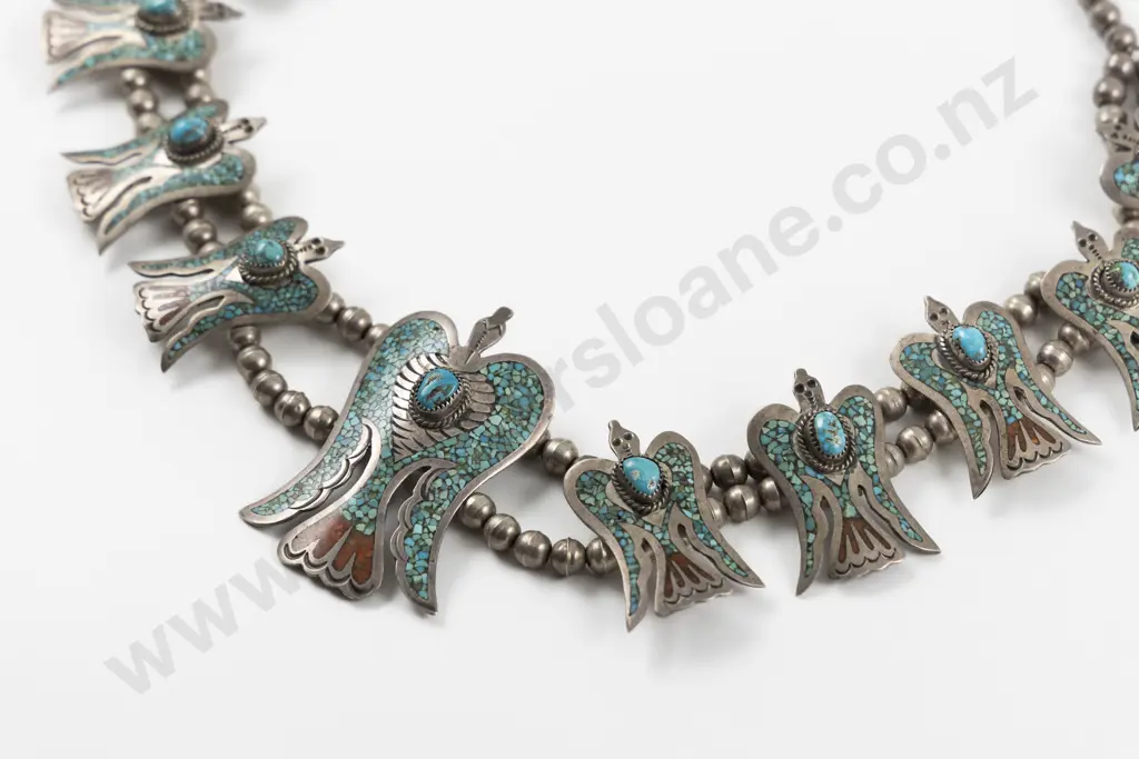 Mid C20th Navajo Sterling Silver Peyote Bird Squash Blossom Necklace Image 1++
