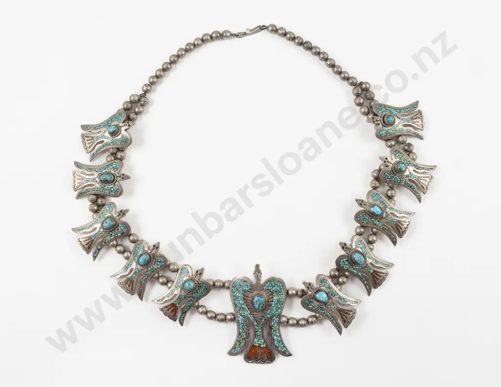 Mid C20th Navajo Sterling Silver Peyote Bird Squash Blossom Necklace Image 1++