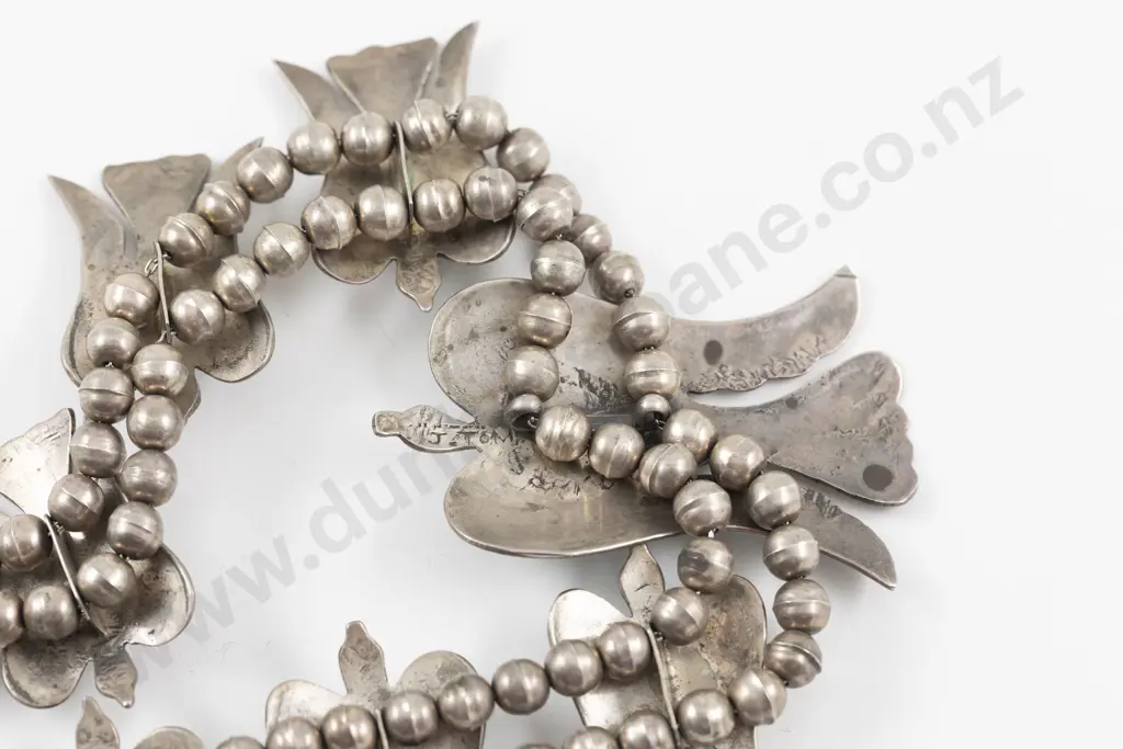 Mid C20th Navajo Sterling Silver Peyote Bird Squash Blossom Necklace Image 1++