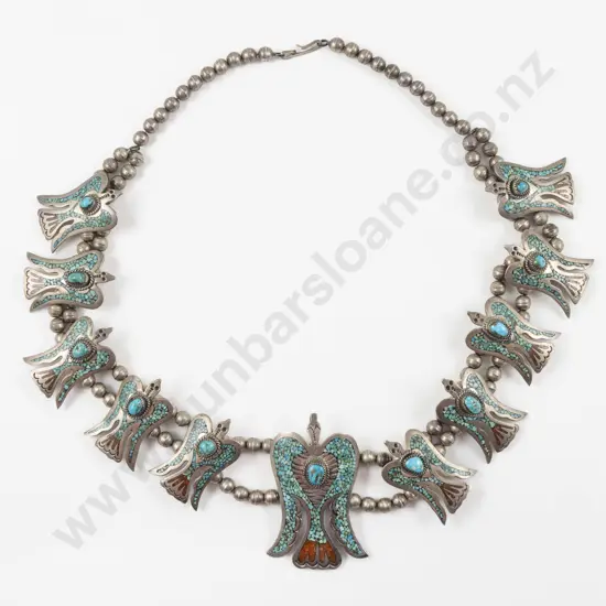 Mid C20th Navajo Sterling Silver Peyote Bird Squash Blossom Necklace