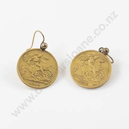 Pair 1915 Gold Half Sovereign Earrings