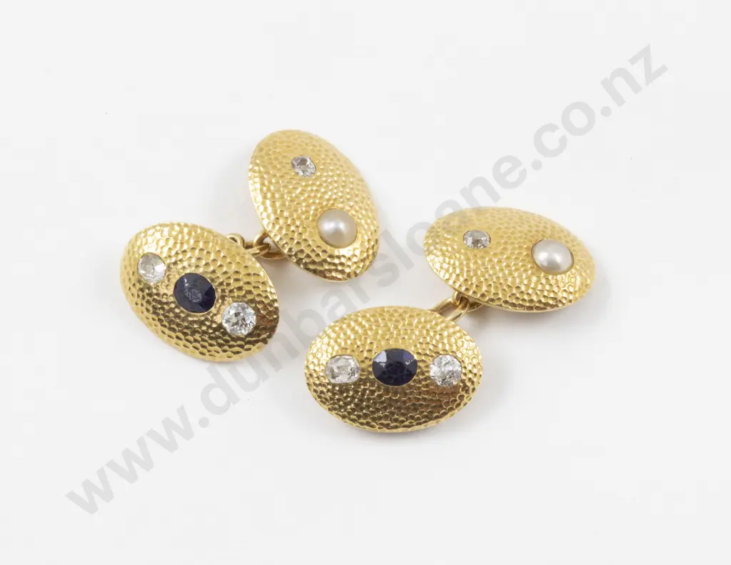 Pair 18ct Ten Stone Diamond Sapphire and Pearl Cufflinks Image 1++