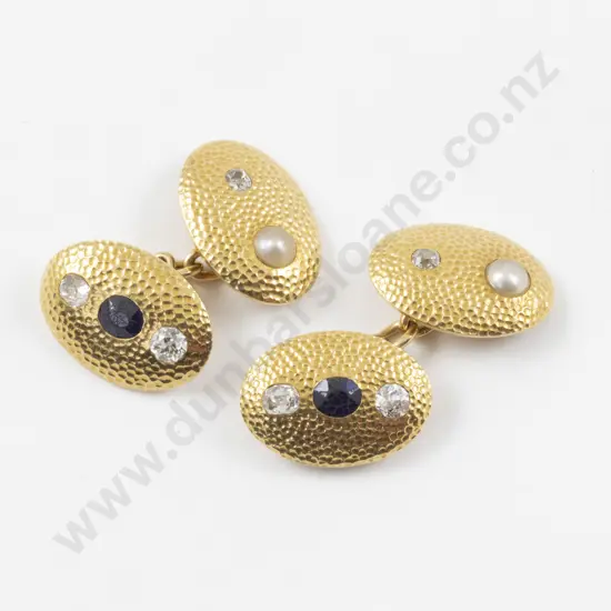 Pair 18ct Ten Stone Diamond Sapphire and Pearl Cufflinks