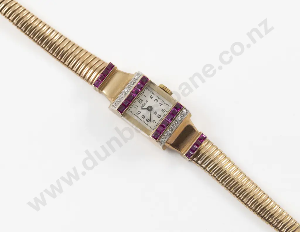 Art Deco 9ct 30Stone Diamond and Imitation Ruby Ladies Cocktail Wrist Watch Image 1++