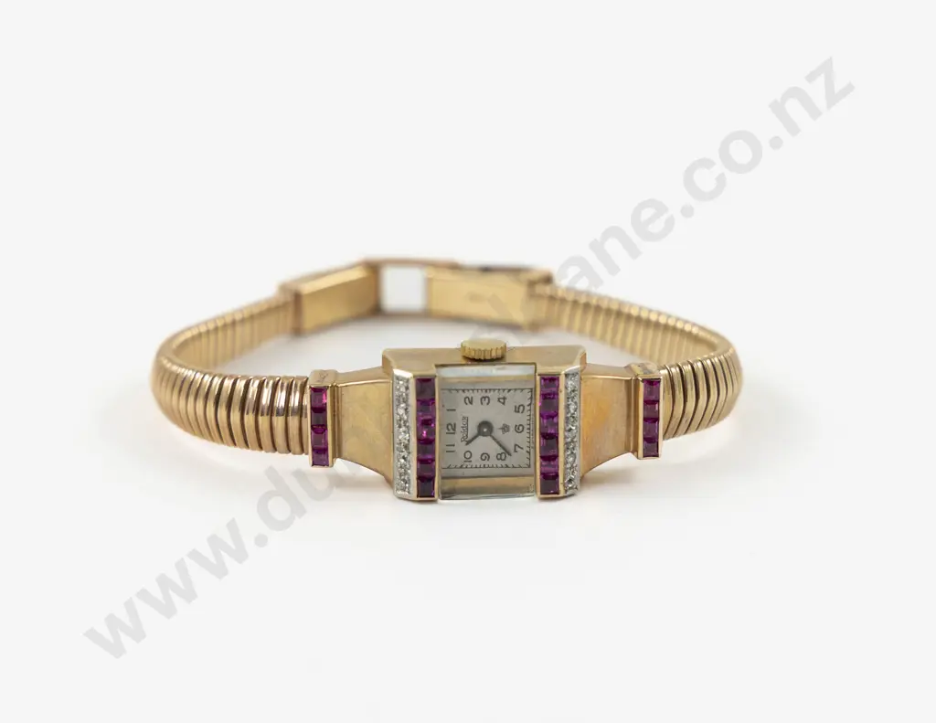 Art Deco 9ct 30Stone Diamond and Imitation Ruby Ladies Cocktail Wrist Watch Image 1++