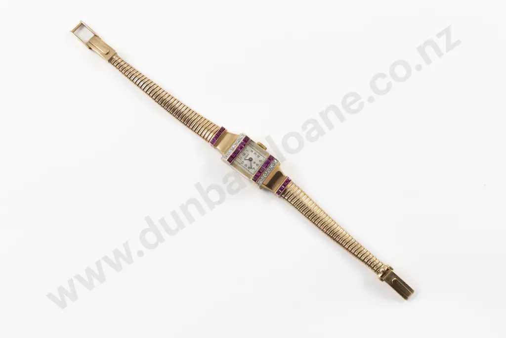 Art Deco 9ct 30Stone Diamond and Imitation Ruby Ladies Cocktail Wrist Watch Image 1++