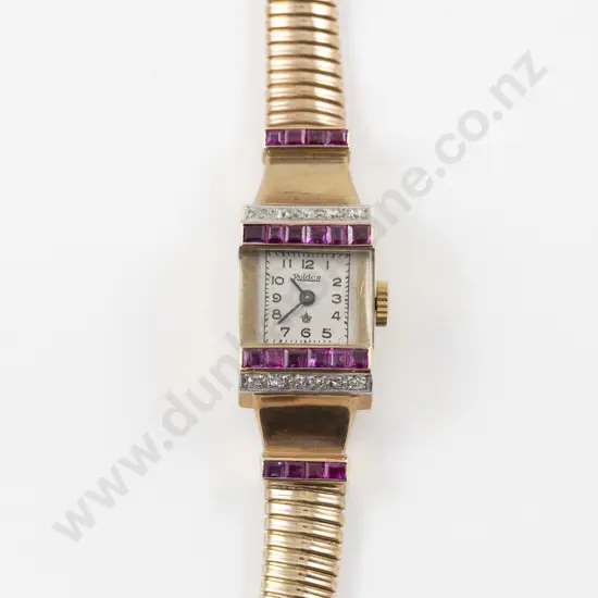 Art Deco 9ct 30Stone Diamond and Imitation Ruby Ladies Cocktail Wrist Watch