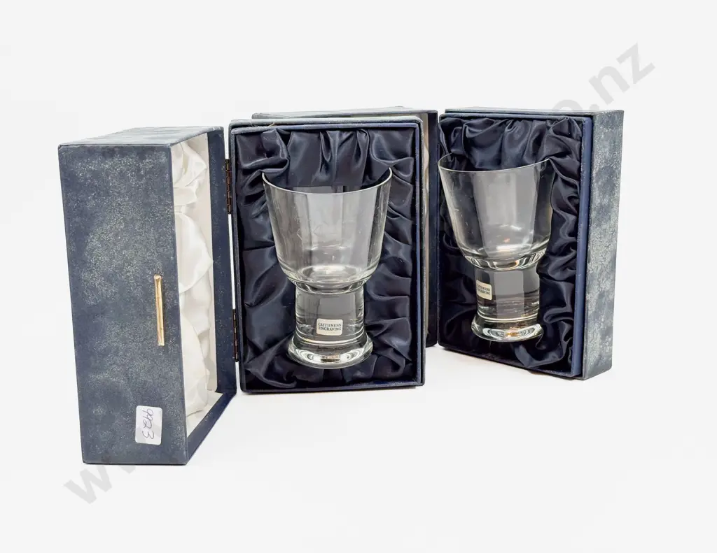 Two Caithness Engraved Glass Goblets in Original Cases Image 1++