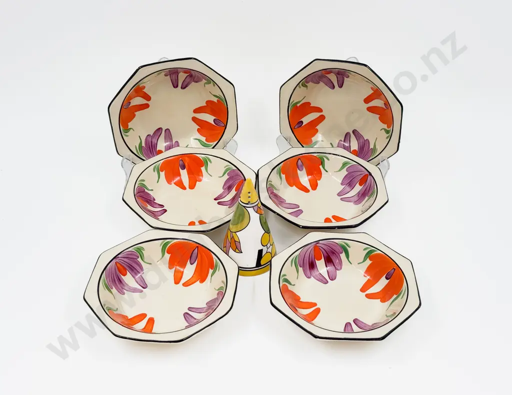 Clarice Cliff "Apples" Salt Shaker with Six Wilkinson Honeyglaze Bowls Image 1++