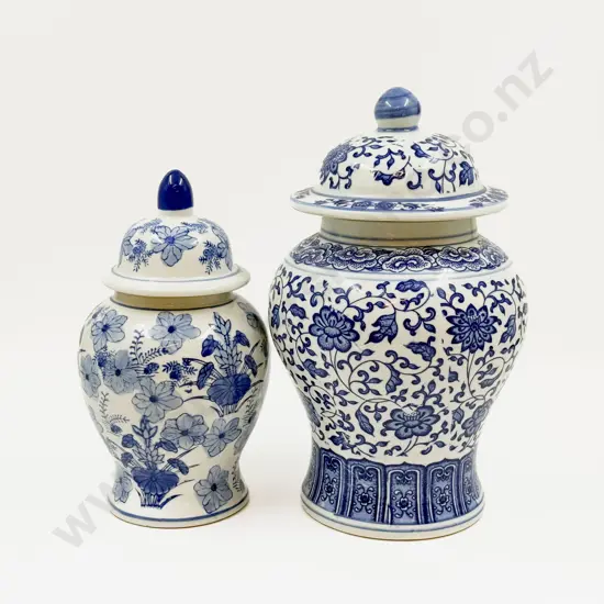 Two Blue and White Lidded Vases