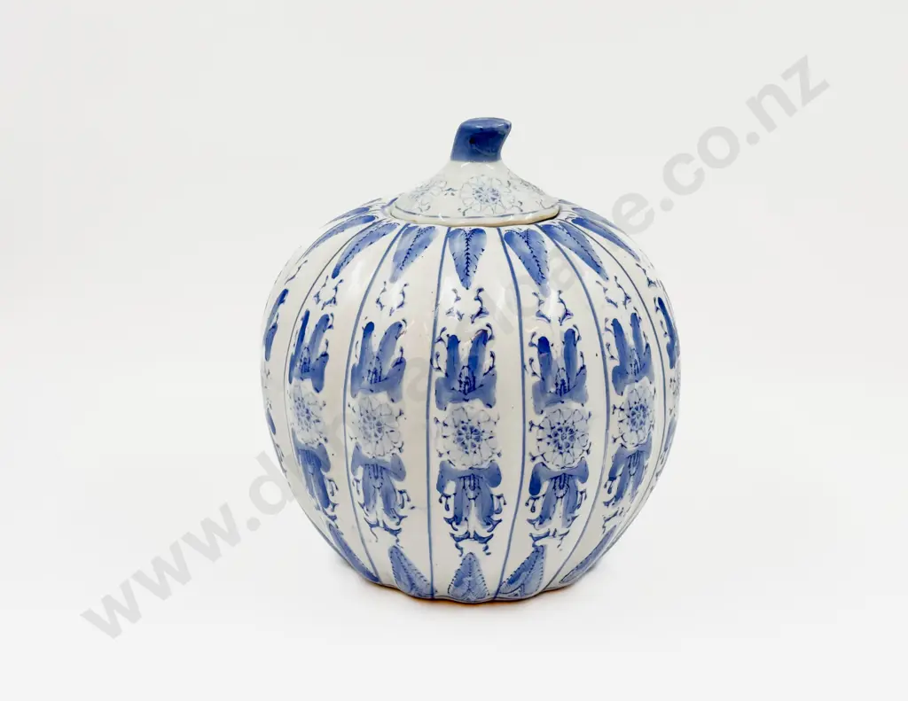 Blue & White Pumpkin Form Lidded Jar Image 1++