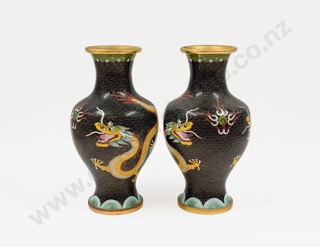 Pair of Dragon Decorated Cloisonne Vases Image 1++
