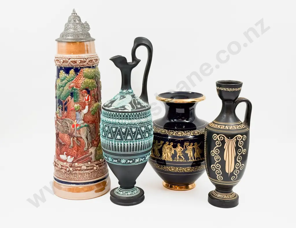 Large Stoneware Stein with Three Grecian Style Vases/Ewers Image 1++