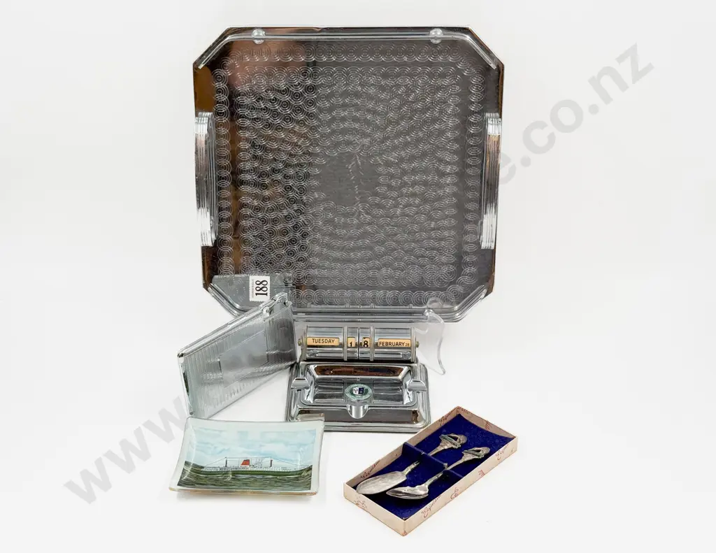 Chrome Tray With Assorted Including Vintage Desk Calander/Ashtray Image 1++