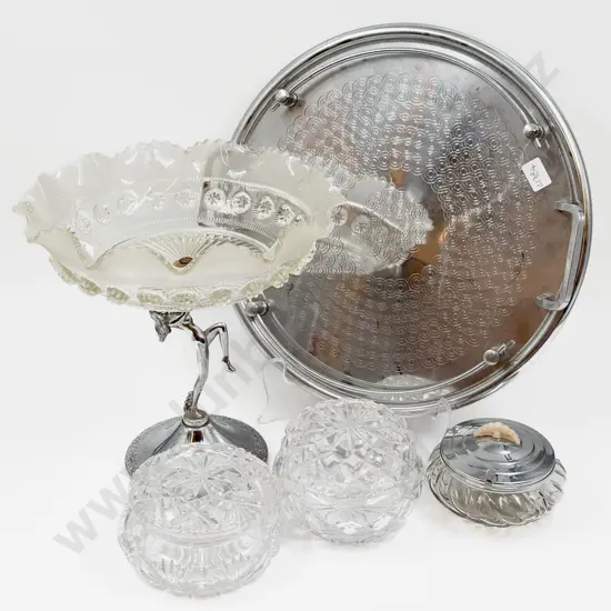 Art Deco Chrome and Glass Comport together with Assorted