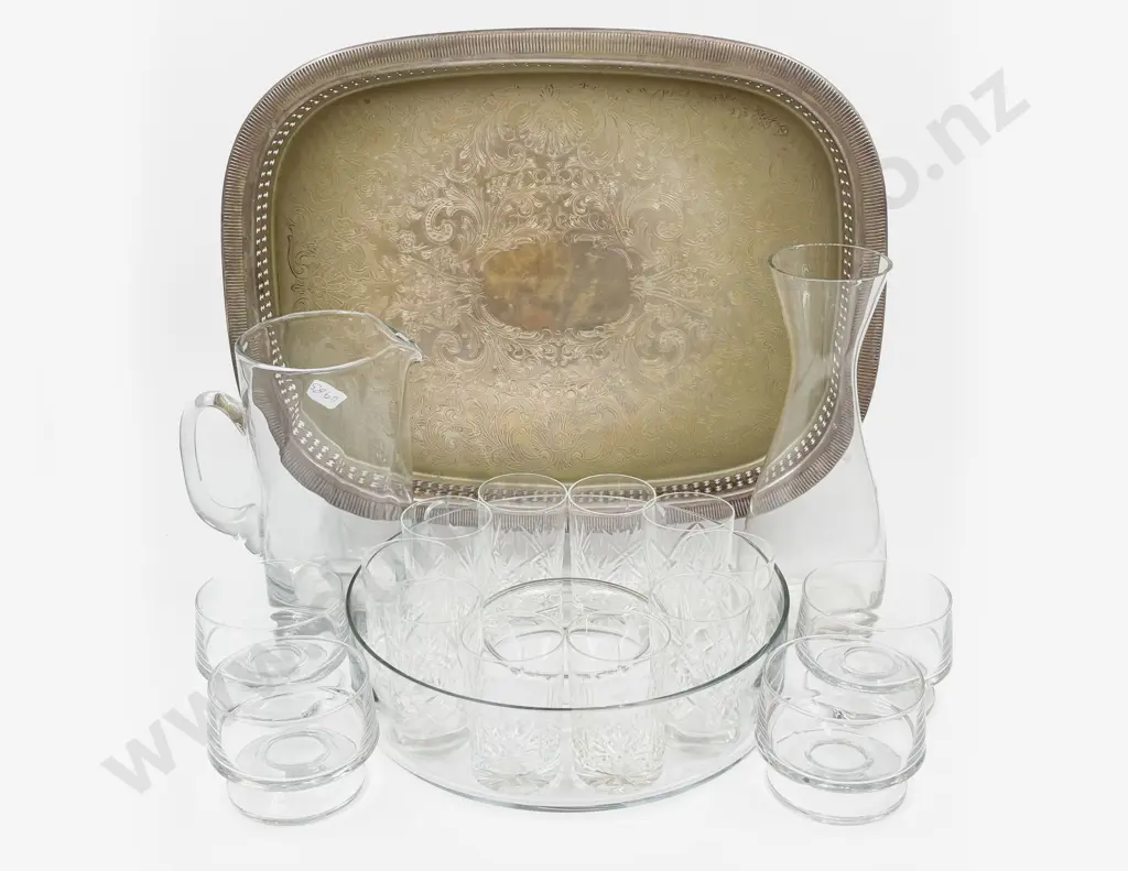 Qty of Assorted Crystal and Glassware on Plated Gallery Drinks Tray Image 1++