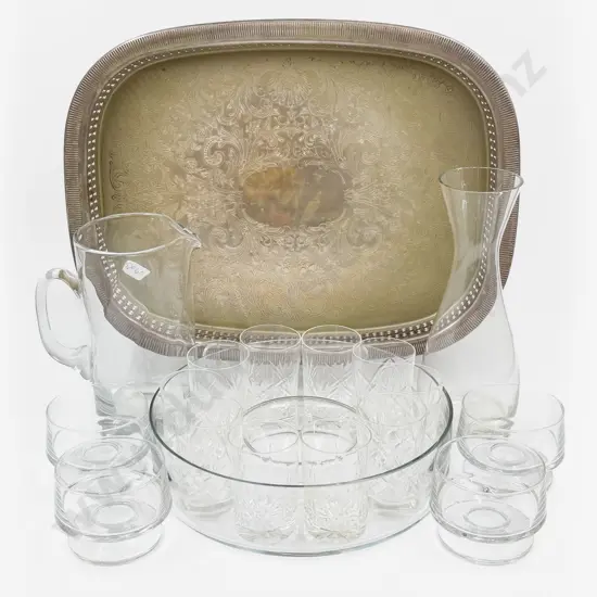 Qty of Assorted Crystal and Glassware on Plated Gallery Drinks Tray