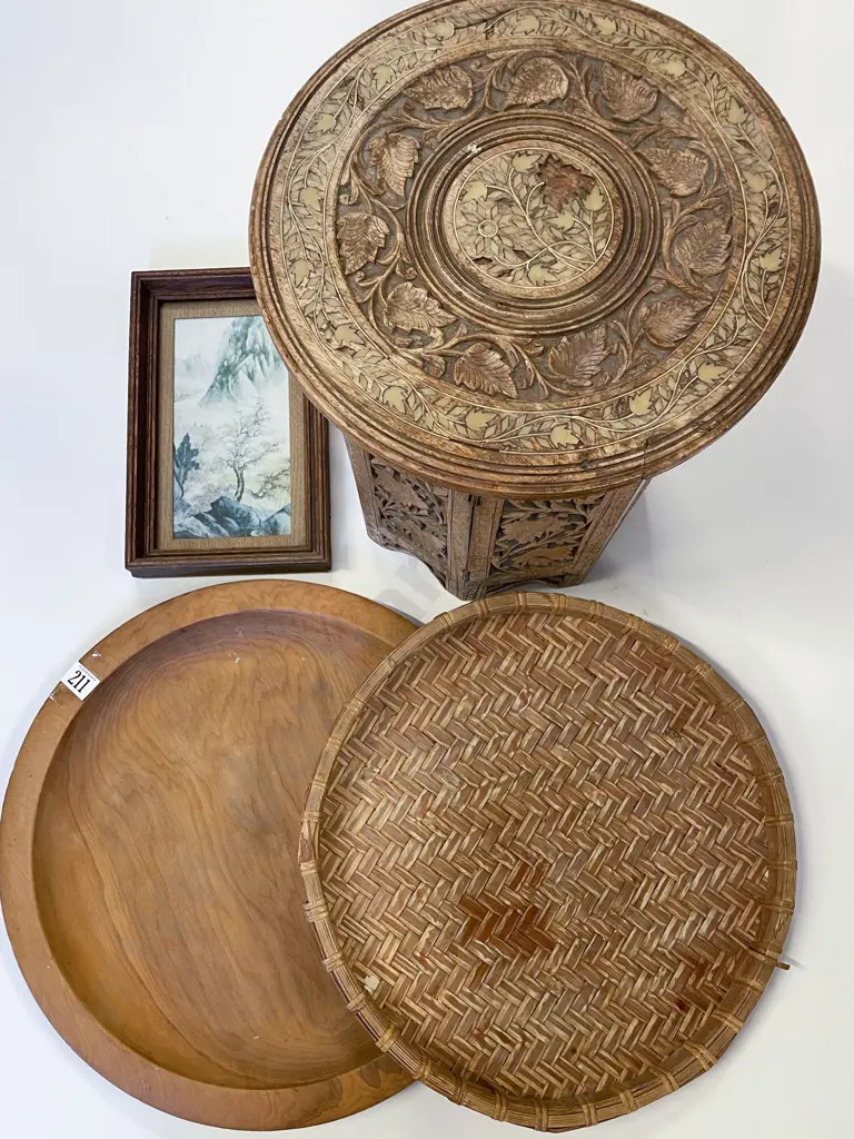 Carved Folding Occ. Table with NZ Kauri Charger etc Image 1++