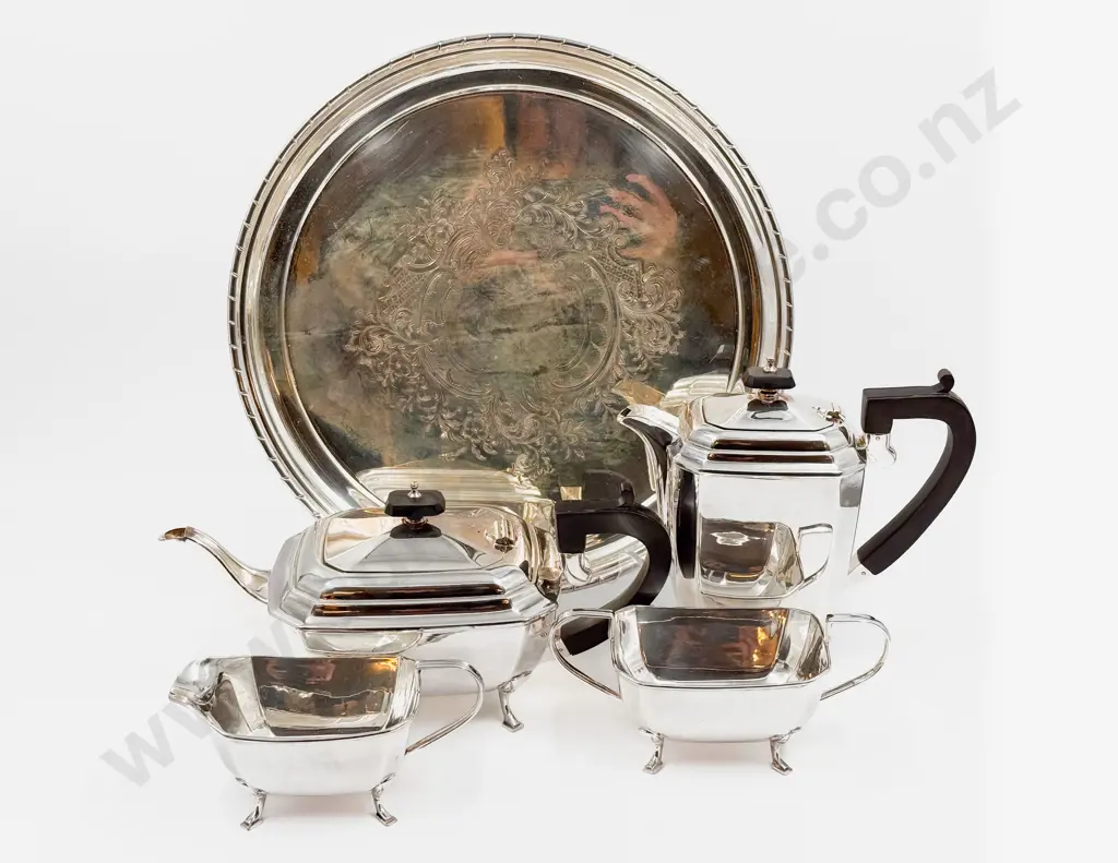 S/P Four Piece Tea Set with Plated Circular Tray Image 1++