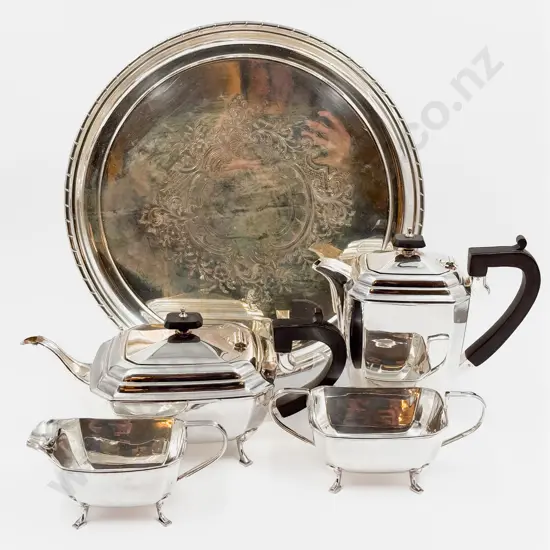 S/P Four Piece Tea Set with Plated Circular Tray