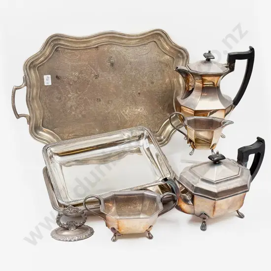 S/P Four Piece Tea Set with Plated Tray and Tureen