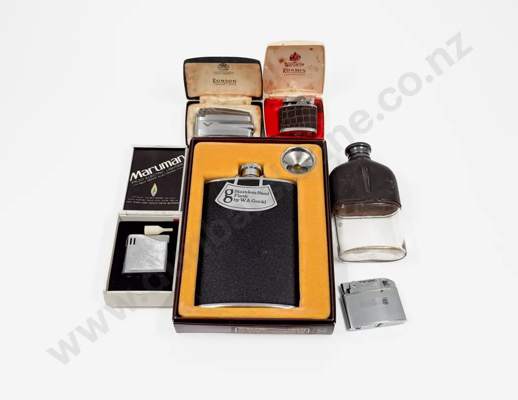 Boxed Hipflask with Vintage Lighters etc Image 1++