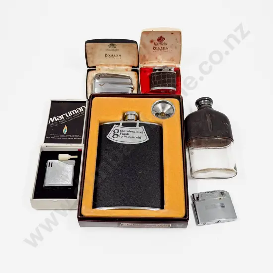 Boxed Hipflask with Vintage Lighters etc