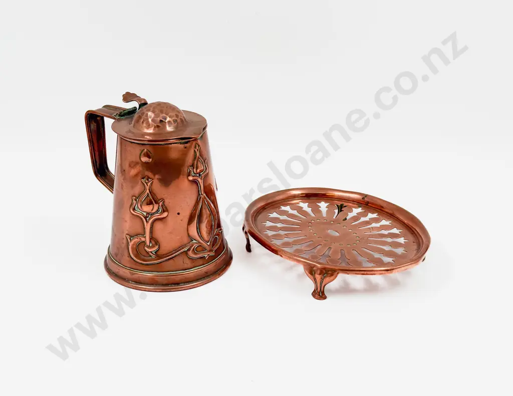 J.S & S Art Nuevo Copper Jug and Trivet Image 1++
