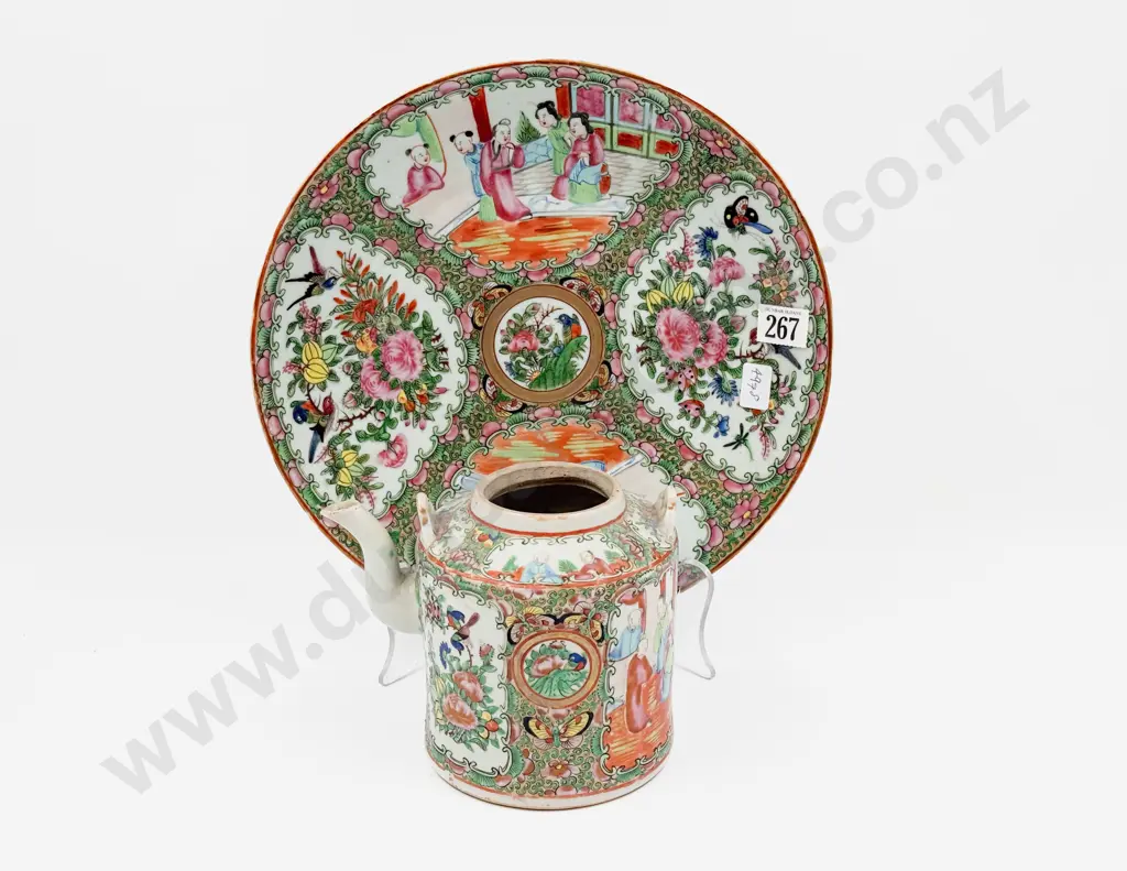 Chinese Famille Teapot and Shallow Table Bowl Image 1++