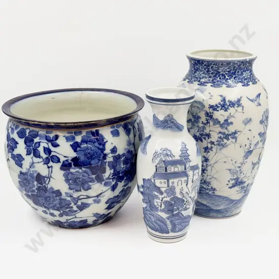 Two Blue and White Vases with Floral Jardinière  (A/F)