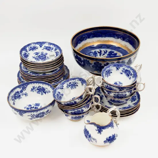 Qty of Blue and White Tea China with Doulton Burslem Willow Pattern Pedestal Bowl(Chip to Base)