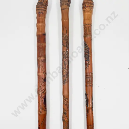 Three Vintage Japanese Carved Bamboo Walking Stick