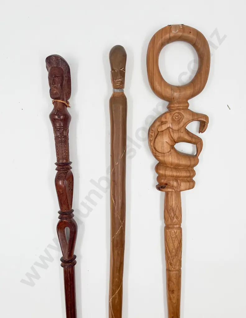 Three African Carved Walking Sticks Image 1++