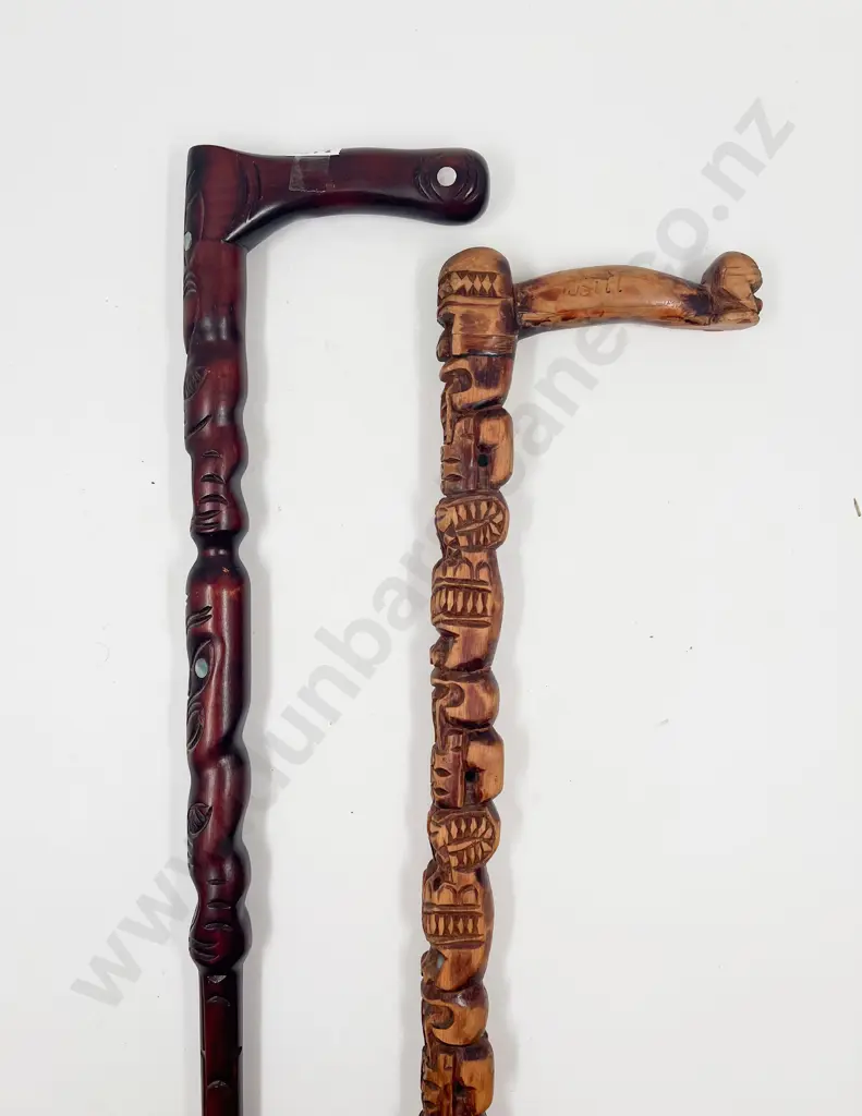 Two Maori Design Carved Walking Sticks Image 1++