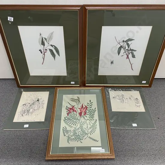 Three Botanical Study Prints together with Unframed Phil May Cartoonist Prints